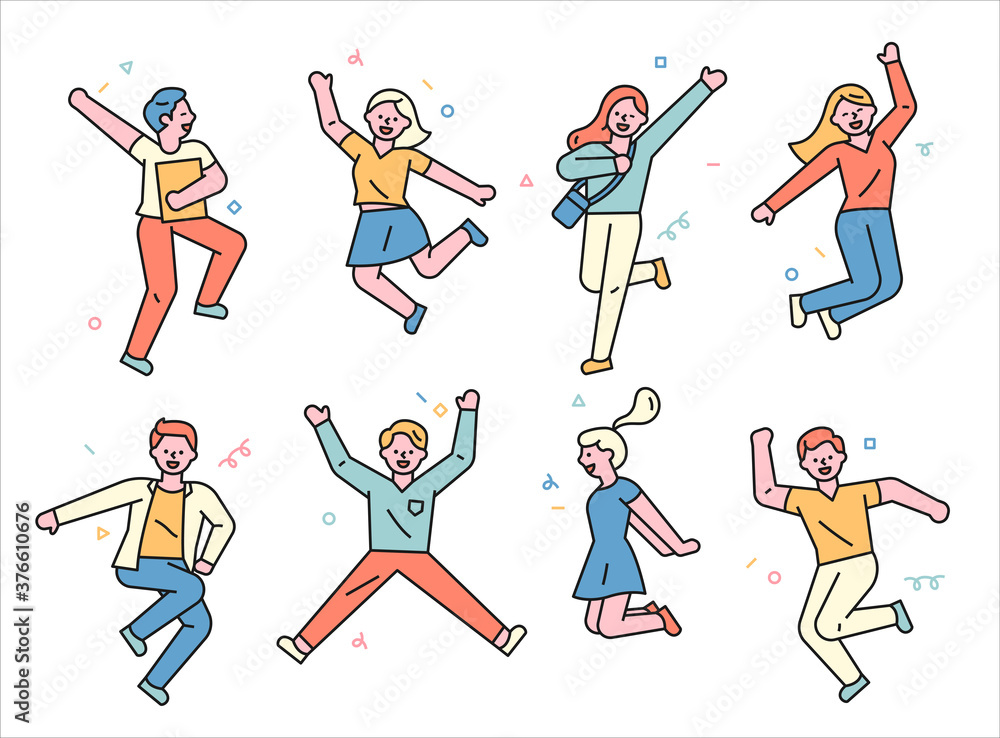 Students are doing exciting and powerful jumps. flat design style minimal vector illustration.