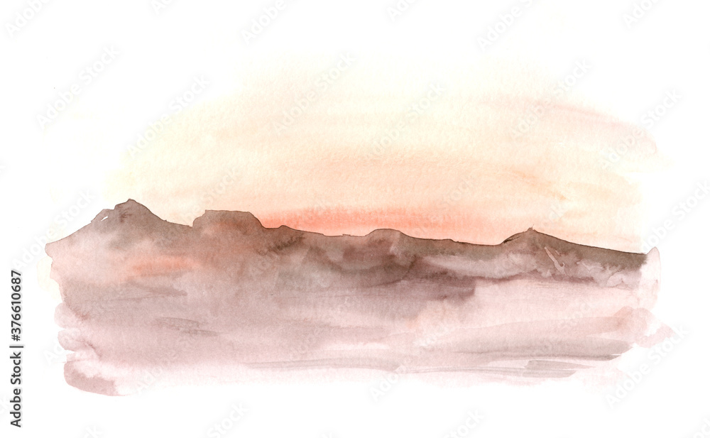 Fototapeta premium Watercolor landscape: african desert sunrise. Hand painted nature view with Acacia trees. Beautiful safari scene for wedding invitation pre-made card design