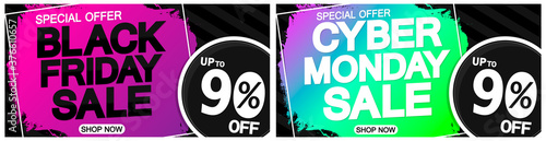 Black Friday Sale and Cyber Monday discount, up to 90% off, posters design template, final season offers, vector illustration