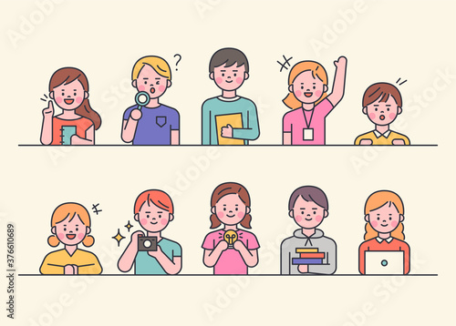 Cute children are sitting at the desk and doing various poses. flat design style minimal vector illustration.