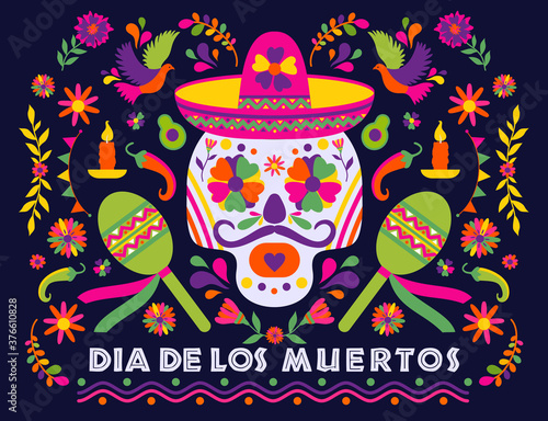 Dias de los Muertos typography banner vector. Mexico design for fiesta cards or party invitation, poster. Flowers traditional mexican frame with floral letters on dark background. Feast of death.