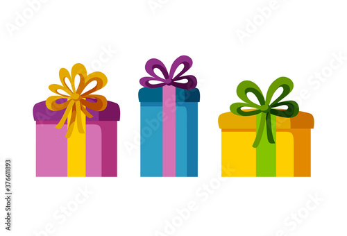Set of three present boxes of different sizes and colors. Gifts for a happy holiday. Isolated vector illustration in flat style
