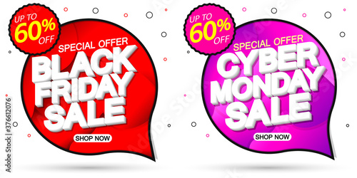 Black Friday and Cyber Monday Sale, up to 70% off, banners design template, discount tags, clearance season offers, vector illustration