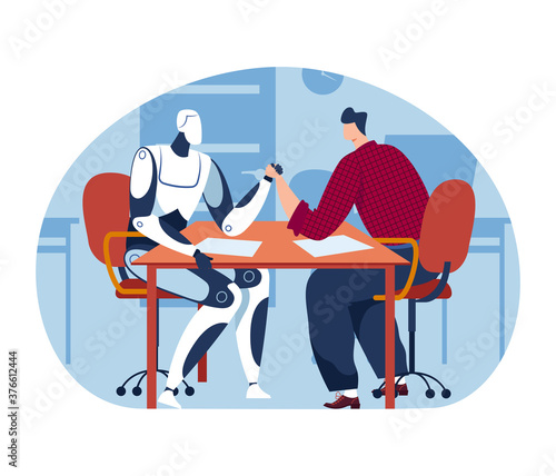 Arm wrestling with technology machine, man human and future science robot artificial intelligence competition, vector illustration. Futuristic robotic power and people strength fight.
