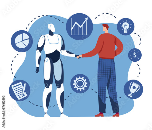 Handshake with robot, human and ai technology work together, vector illustration. Human hold future cyborg machine hand, robotic computer work. Innovation agreement with artificial intelligence.