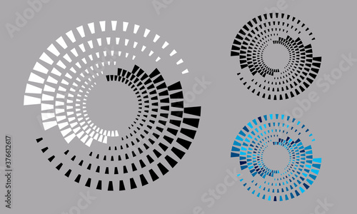 Modern abstract background. Halftone tetragons in circle form. Round logo. Vector dotted frame. Design element or icon.