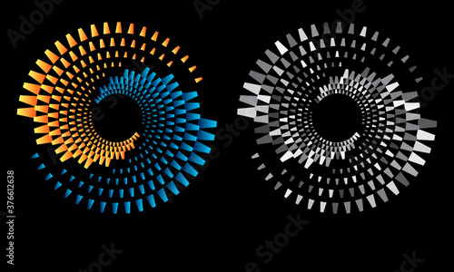 Modern abstract background. Halftone tetragons in circle form. Round logo. Vector dotted frame. Design element or icon.