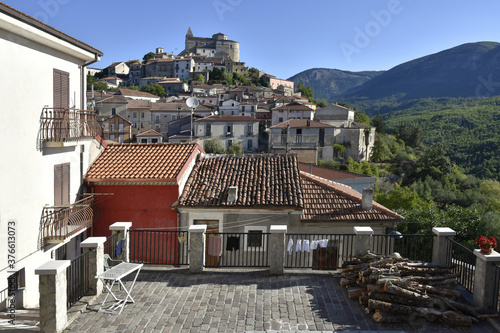 Panoramic view of Marsico Nuovo, an old town in the mountains of the Basilicata region, Italy. 
