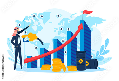 Success arab character, arabic oil business growth for arabian businessman, vector illustration. Adult people near gas, fuel finance graph. Successful person character symbol, flat industry.