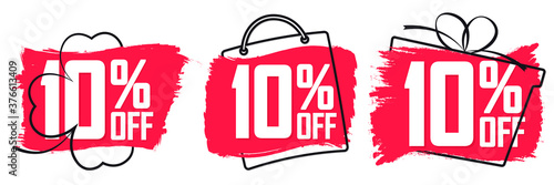 Set Sale 10% off banners, discount tags design template, extra promo, brush grunge, vector illustration