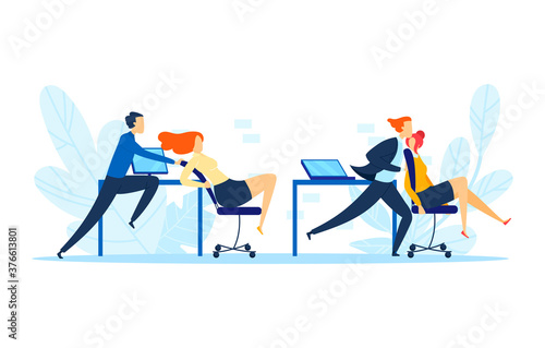 Office man person ride on chair, vector illustration. Business happy people fun relaxation at workplace, cheerful cowoker riding. Female male friendship at job, carefree pushing competition.