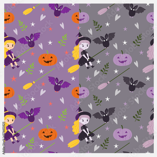 cute witches and Halloween Element seamless pattern