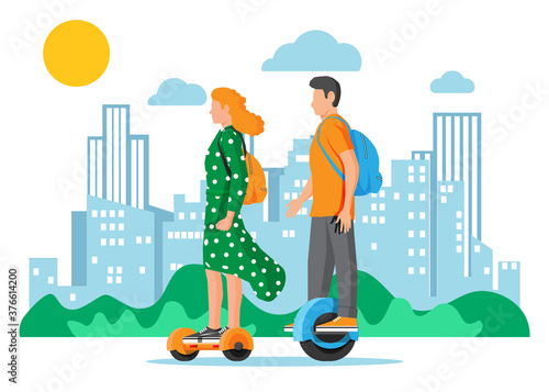 Man on monocycle wheel. Woman with backpack riding electric self balancing hoverboard. Hipster character uses modern urban transport. Ecological city transportation. Flat vector illustration