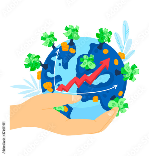 Financial business growth, economic finance arrow vector illustration. Success economy graph, money investment progress at planet. Crisis recovery to stock profit, market up rise chart.