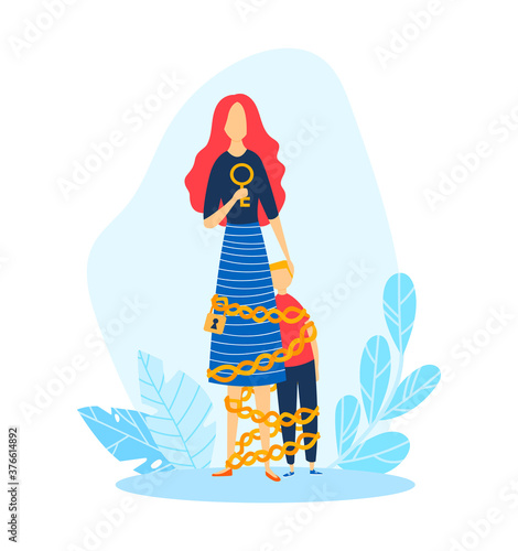 Child mother, kid and mom parent relationship problem vector illustration. Parenting conflict, woman character bind son by cartoon chain to herself. Family discipline and flat punish.