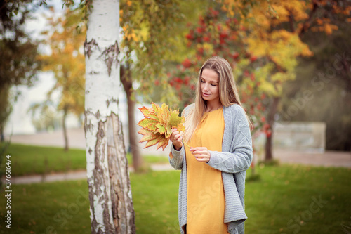 A girl in a gray cardigan and a yellow dress collects autumn leaves in the park