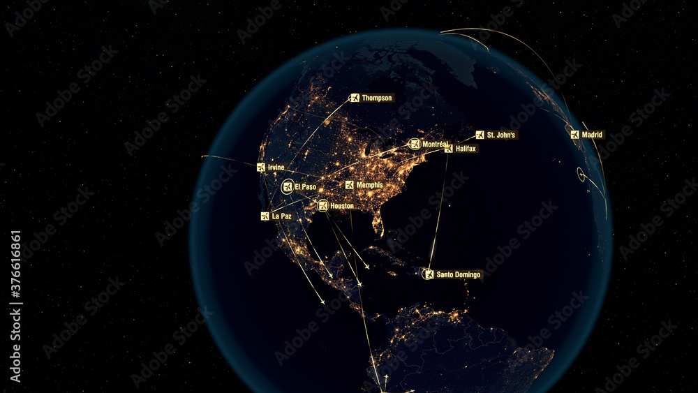Obraz premium Flight Paths Over North America. North American Air Routes. Flight Connections. Global Communications - Destinations all over the World. Airport International Connectivity. City Lights. 3D Rendering.