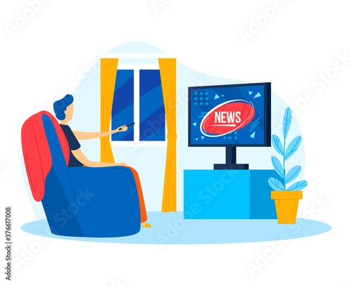 Man character watch tv news, vector illustration. Sitting near television technology cartoon concept. Flat leisure male lifestyle, male human art armchair. Adult people look at screen, video.