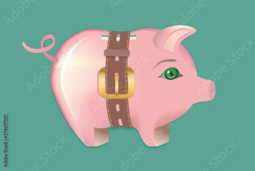 Pink piggy bank with tight belt. Vector illustration.