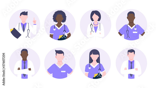 Doctor avatar character standing in the circle flat style design vector illustration isolated on white background. Medical clinic hospital staff employee icon.