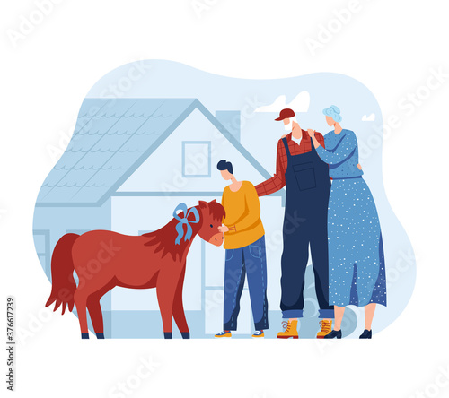 Horse pony for people, child and family vector illustration. Childhood with animal love, mother father, small son happy outdoors. Fid smiling too young little pet at ranch farm, outdoor activity.