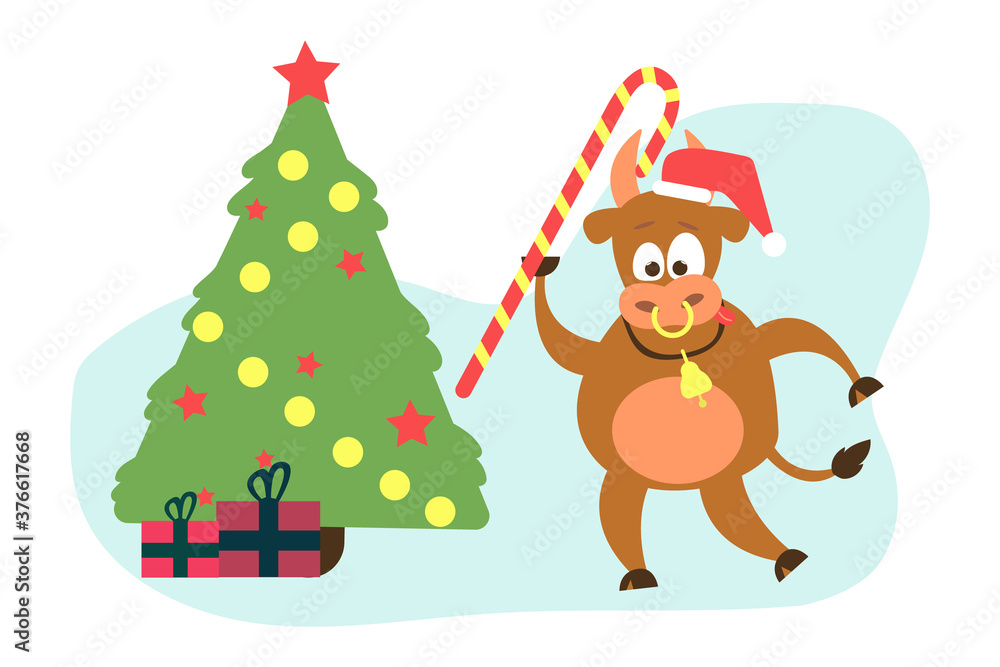 Cute bull with candy and christmas tree and gifts. Flat illustration, Happy New Year concept, symbol of year 2021. Cute bull with candy and christmas tree and gifts. Flat illustration, Happy New Year concept, symbol of year 2021.
