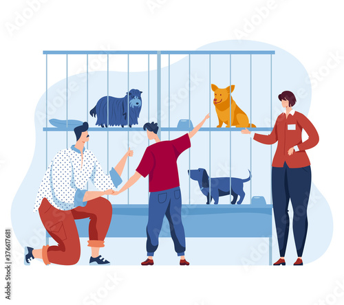 Animal dog shelter, vector illustration. Woman man people character and cartoon pet, homeless puppy in cage look at family. Father, son care about stray dog, happy rescue help and adopt design.