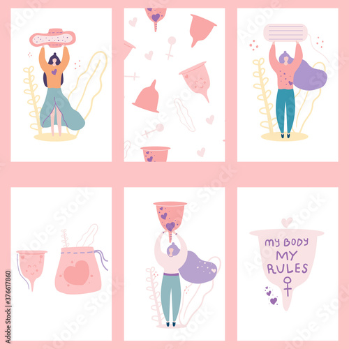 Set of banners on the theme of feminine hygiene products tampons, pads and menstrual cups. Flat hand drawn illustration.