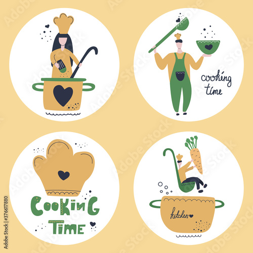 Hand drawn set of cooking stickers. Cartoons for cooking classes or kitchen design. Flat illustration.