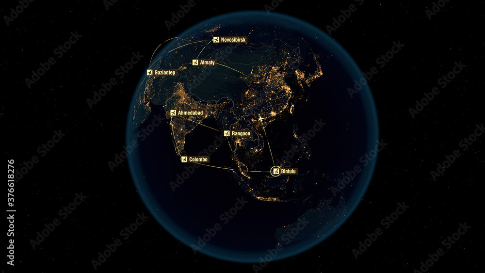 Flight Paths in Asia. World Airplane Flight Travel Plans. Global Flight Connections. City Lights and Names. 3D Illustration.