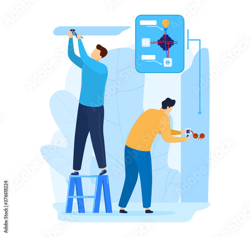 Team worker for electricity maintenance, professional electician man repair electrical cable, vector illustration. Engineer service, power wire in construction. Voltage installation job.