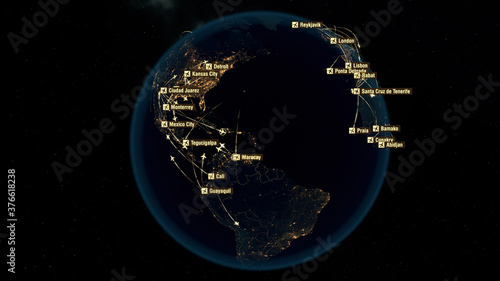 Global Communications and Connections over America, Europe and Africa. City Night Lights. Detroit, Monterrey, Mexico City, Maracay, London, Reykjavik, Lisbon, Rabat, Bamako, Abidjan. 3D Rendering.