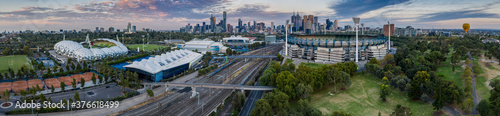 Aerial panoramic dawn view of the Melbourne city skyline photo