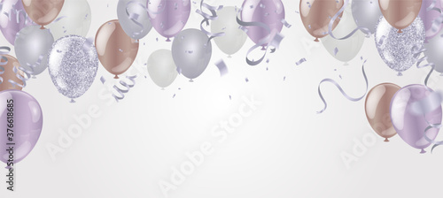 Luxury party balloons, confetti and gift boxes on  background. Party or birthday template