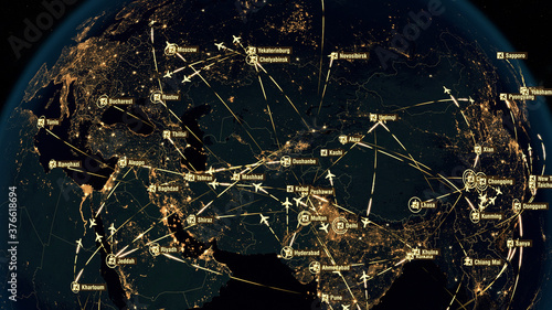 Global Connections over Asia. Global Communications - Destinations all over the World. Flight Paths. The High-Resolution Texture of City Lights. 3D Rendering.