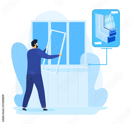Home repair, man fix window construction vector illustration. Handyman worker in house, glass work service by person builder. Fixing plastic installation and replacement. Professional installing job.