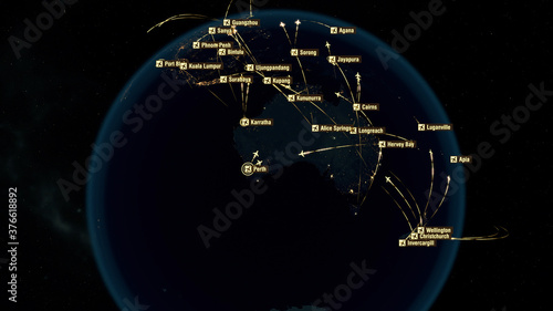 Global Communications - Destinations Over Australia. Airport International Connectivity. World Airplane Flight Travel Plans Connections. The HiRes Texture of City Lights: Perth, Adelaide. 3D Rendering