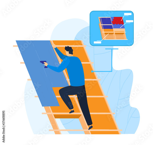 House construction with tool, vector illustration. Male work at home, repair worker on roof, rooftop safety service. Tile for roofing, residential workman and shingle, builder job near sky.