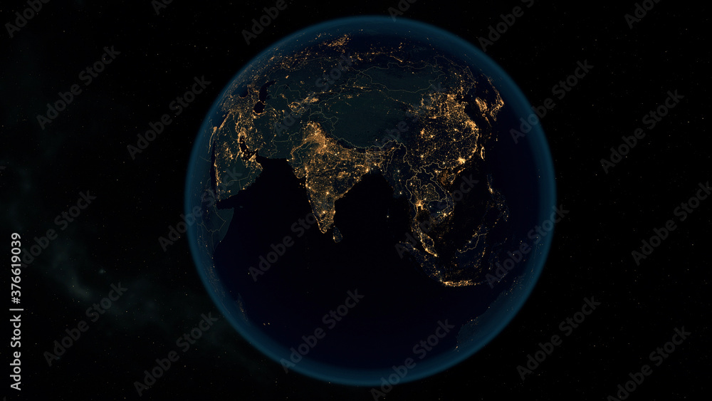Earth at Night. Stunning 3D Illustration of Earth Bathed in City Lights at Night. City Lights of Asia, Europe and Africa.