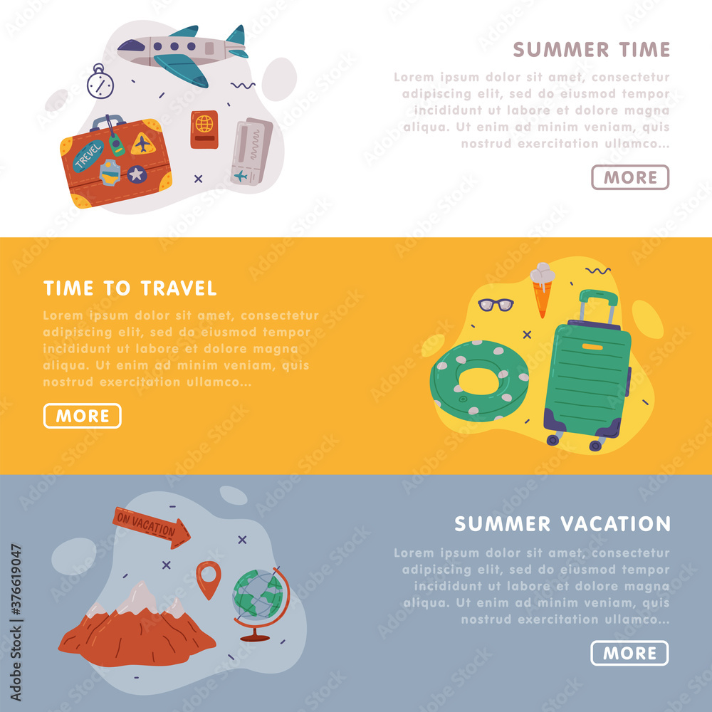 Time to Travel Landing Page Templates Set, Summer Journey on Holidays, Travel Destination, Adventure, Tourism Vector Illustration