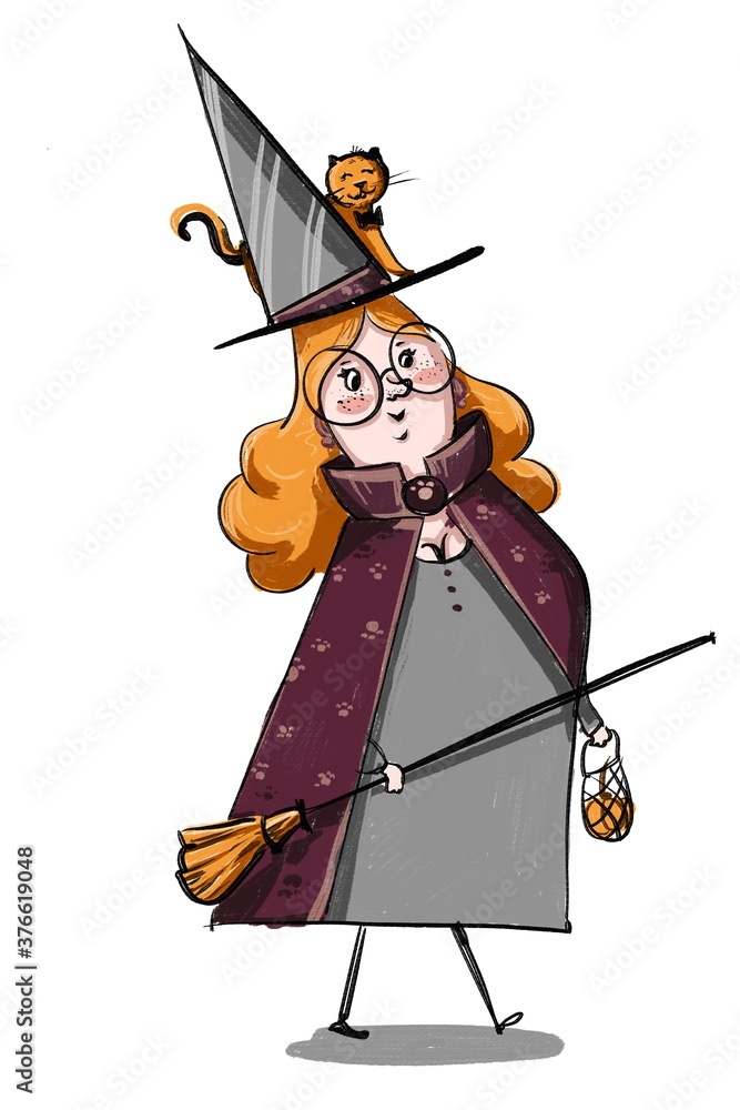 Fototapeta witch with a broom. cartoon cute illustration of witch and cat for halloween freehand drawing