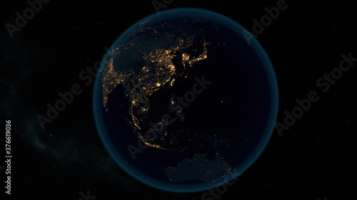 Fototapeta Naklejka Na Ścianę i Meble -  Earth at Night. Stunning 3D Illustration of Earth Bathed in City Lights at Night. City Lights of Asia.