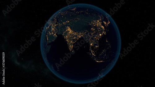Fototapeta Naklejka Na Ścianę i Meble -  Earth at Night. Stunning 3D Illustration of Earth Bathed in City Lights at Night. City Lights of Asia, Europe and Africa.