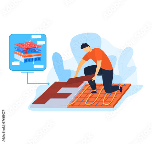 Worker installing thermal floor construction, heat underfloor temperature with plastic tube, vector illustration. Pipe work industry, indoor house installation. Heating material under floor.