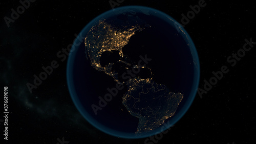 Earth at Night. Stunning 3D Illustration of Earth Bathed in City Lights at Night. City Lights of the North and South America. 