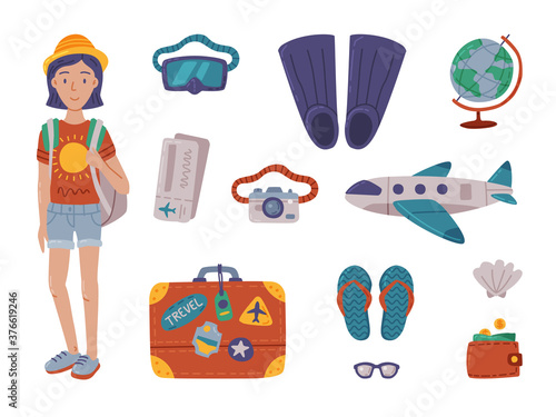 Time to Travel, Summer Vacation Objects Set, Beach Holidays, Tourism Concept Cartoon Style Vector Illustration