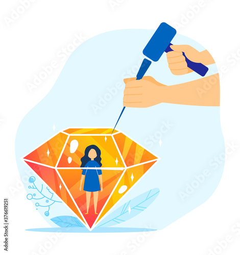Child person diamond, parents care about kid vector illustration. Family people new born kid. Creating a child world, taking care relationship, father mother teacher bulding little kid.