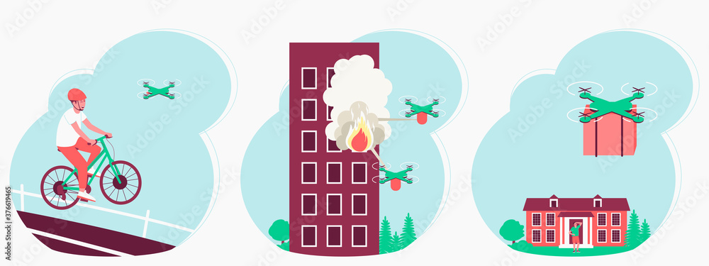 Drones application set in human life.
Extinguishing a fire with a drone. The quadcopters delivers the package to home. The quadcopter tracks the athlete on the bike. Flat vector illustration