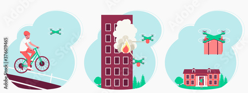 Drones application set in human life.
Extinguishing a fire with a drone. The quadcopters delivers the package to home. The quadcopter tracks the athlete on the bike. Flat vector illustration