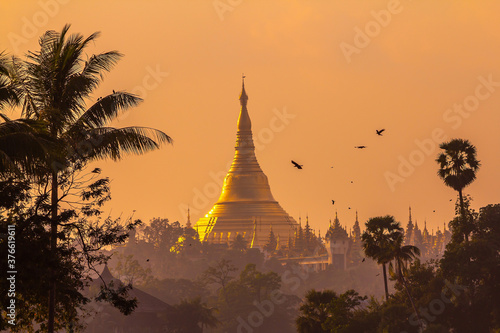 Shwedagon pagoda at sunset  Great Dagon Pagoda in Yangon Myanmar